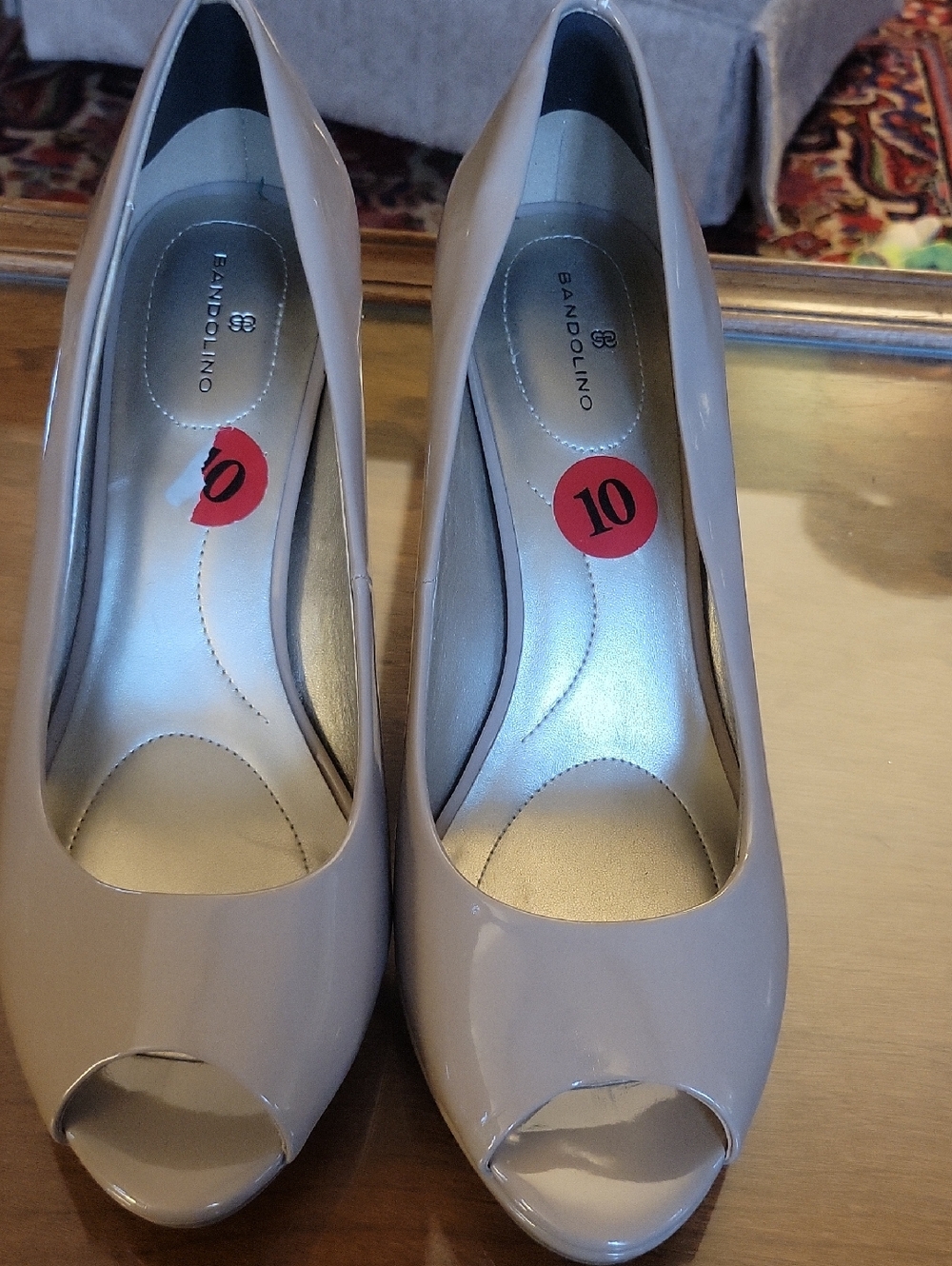 Bandolino Taupe Patent Peep-Toe Heels